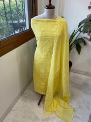 Yellow Suit Set with Thread Embroidery in Pure Mul
