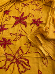 Mustard Yellow Crepe Suit Set With Knot & Sequin Handwork