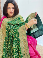 Green Handwoven NeemZari Bareek Bandhani with Meenakari and Dabka Handwork in Pure Georgette