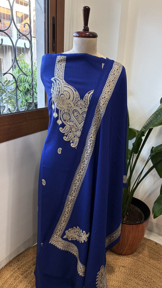 Royal Blue Winter Suit Set with Aari Work in Pashmina Wool