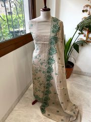 Gold, Green Suit Set with Thread Embroidery and Pitta Work in Tissue Chanderi