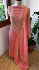 Peach Winter Suit Set with Aari Work in Pashmina Wool