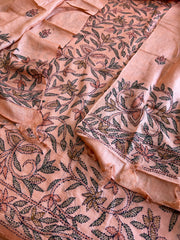 Dark Peach Suit Set with Kantha Handwork in Pure Tussar Silk