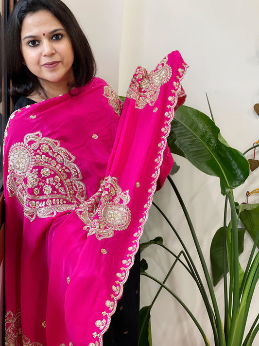 Hot Pink Crepe Dupatta with Pearl, Cut Daana, Gold Thread & Sequin Embroidery