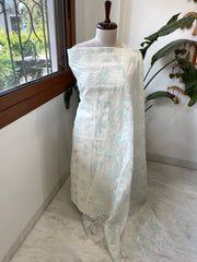 Off white, Sea green Applique Jaal Dupatta Suit Set in Chanderi