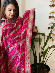 Pink Printed Bandhej Dupatta in Chinon with Gold Thread and Sequin Work