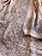 Lite Brown Suit Set with Kantha Handwork in Pure Tussar Silk