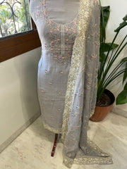 Grey Suit Set with Mirror Work in Pure Cotton