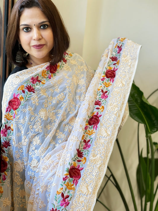 Ivory Parsi Gara Embroidery Dupatta in Georgette