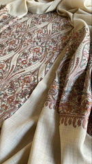 Dark Cream Winter Suit Set with Aari Work in Pashmina Wool