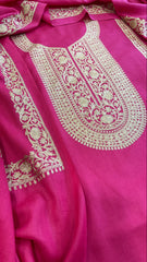 Hot Pink Winter Suit Set with Aari Work in Pashmina Wool