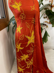 Rust Crepe Suit Set With Knot & Sequin Handwork