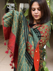 Green Ajrakh Handblock Printed Silk-Woollen Shawl