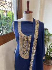 Navy Winter Suit Set with Aari Work in Pashmina Wool