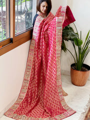Pink Woven Bandhej Banarasi Dupatta in Fine Georgette with Pearl, Sequin, Dabka Work