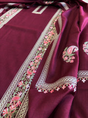 Wine Winter Suit Set with Aari Work in Pashmina Wool