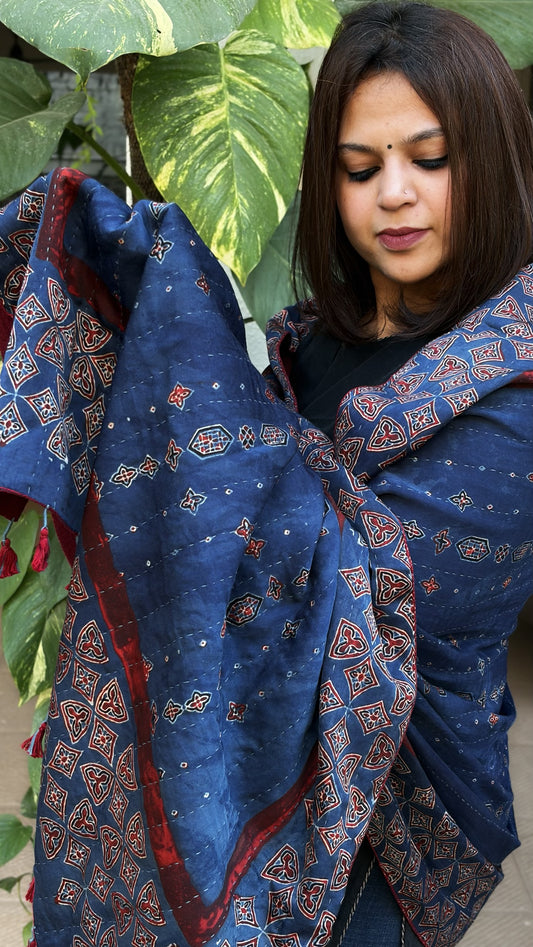 Blue Ajrakh Handblock Printed Silk-Woollen Shawl