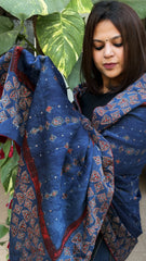 Blue Ajrakh Handblock Printed Silk-Woollen Shawl