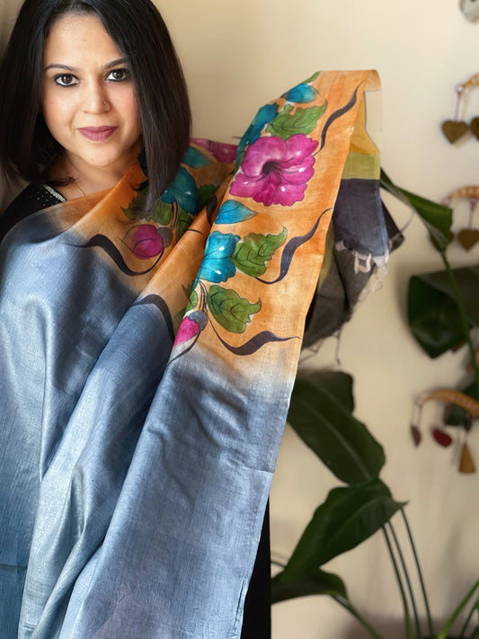 Handpainted Dupatta in Tussar Silk