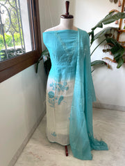 Suit Set with Thread Embroidery in Mul Chanderi