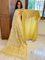 Yellow Suit Set with Thread Embroidery in Pure Tussar Silk