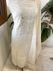 Off-White Suit Set with Thread and Parsi Gara Embroidery in Pure Mul Chanderi