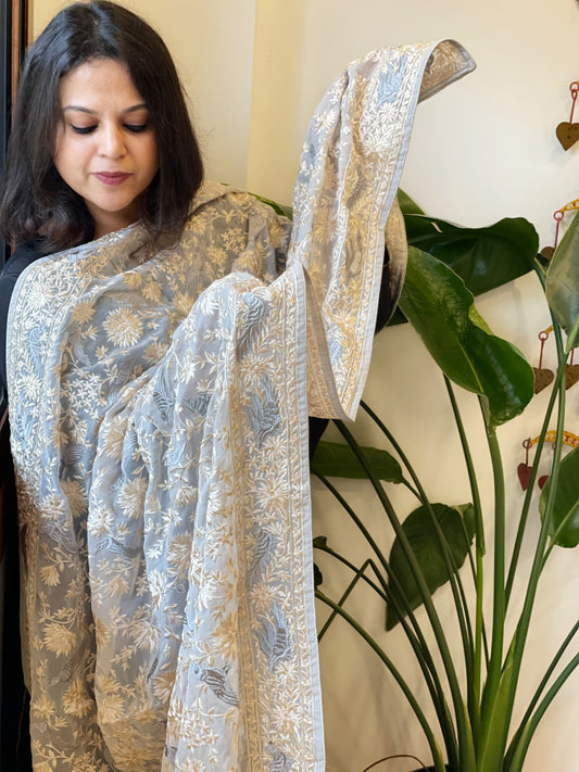 Grey Parsi Gara Embroidery Dupatta in Georgette