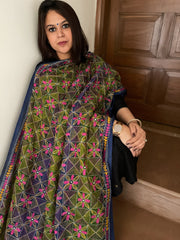 Blue, Green Handmade Kantha Dupatta in Silk