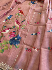 Dusty Pink Suit Set with Thread Embroidery in Pure Mul Chanderi