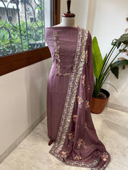 Mauve Suit Set with Thread Handwork and Parsi Gara Dupatta in Mul Cotton