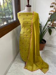 Greenish Yellow Suit Set with Thread Embroidery in Pure Mul