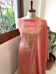 Peach Winter Suit Set with Aari Work in Pashmina Wool