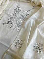 Off-White Suit Set with Thread and Parsi Gara Embroidery in Pure Mul Chanderi