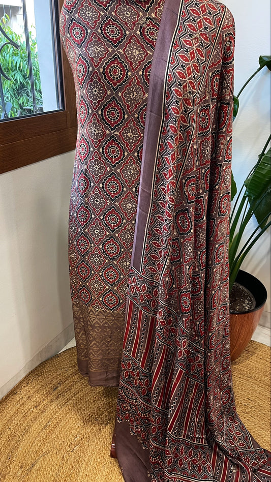 Purplish Brown Suit Set with Ajrakh Handblock Print and Sequin Embroidery in Modal Silk