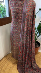 Purplish Brown Suit Set with Ajrakh Handblock Print and Sequin Embroidery in Modal Silk