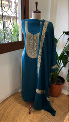 Firozi Winter Suit Set with Aari Work in Pashmina Wool