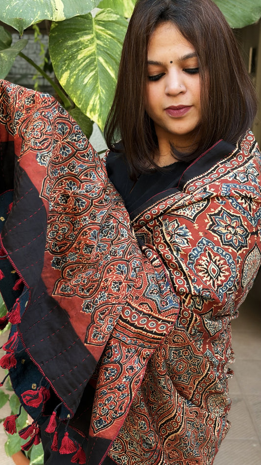 Rust Ajrakh Handblock Printed Silk-Woollen Shawl