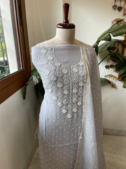 Grey Suit Set with Pearl, Cut Daana and Lucknowi Thread Handwork in Pure Mul Chanderi