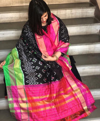 Black Handwoven Ikat Dupatta in Pure Silk