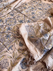 Lite Brown Suit Set with Kantha Handwork in Pure Tussar Silk