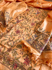 Lite Orange Suit Set with Kantha Handwork in Pure Tussar Silk