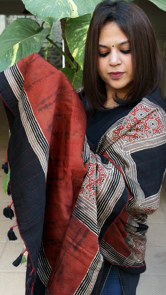 Black, Kashish Ajrakh Handblock Printed Silk-Woollen Shawl