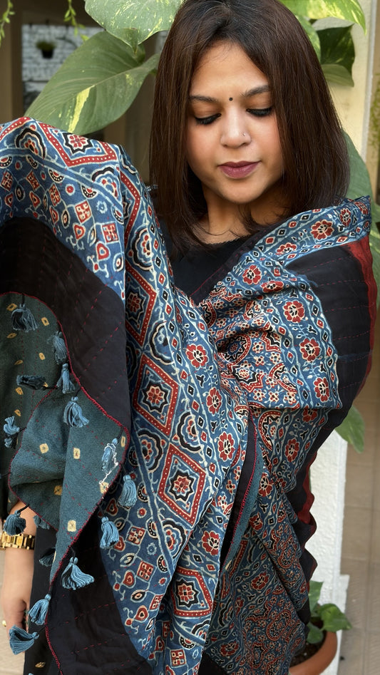 Black, Blue Ajrakh Handblock Printed Silk-Woollen Shawl