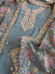 Blue Suit Set with Thread Embroidery and Pitta Work in Georgette
