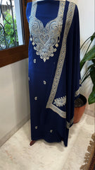 Navy Winter Suit Set with Aari Work in Pashmina Wool