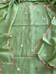 Green Suit Set with Thread Embroidery in Pure Mul