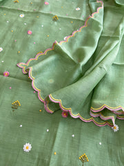 Green Suit Set with Thread Embroidery in Pure Mul