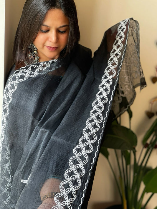 Black Kota Cotton Dupatta with Thread Embroidery and Knot Handwork