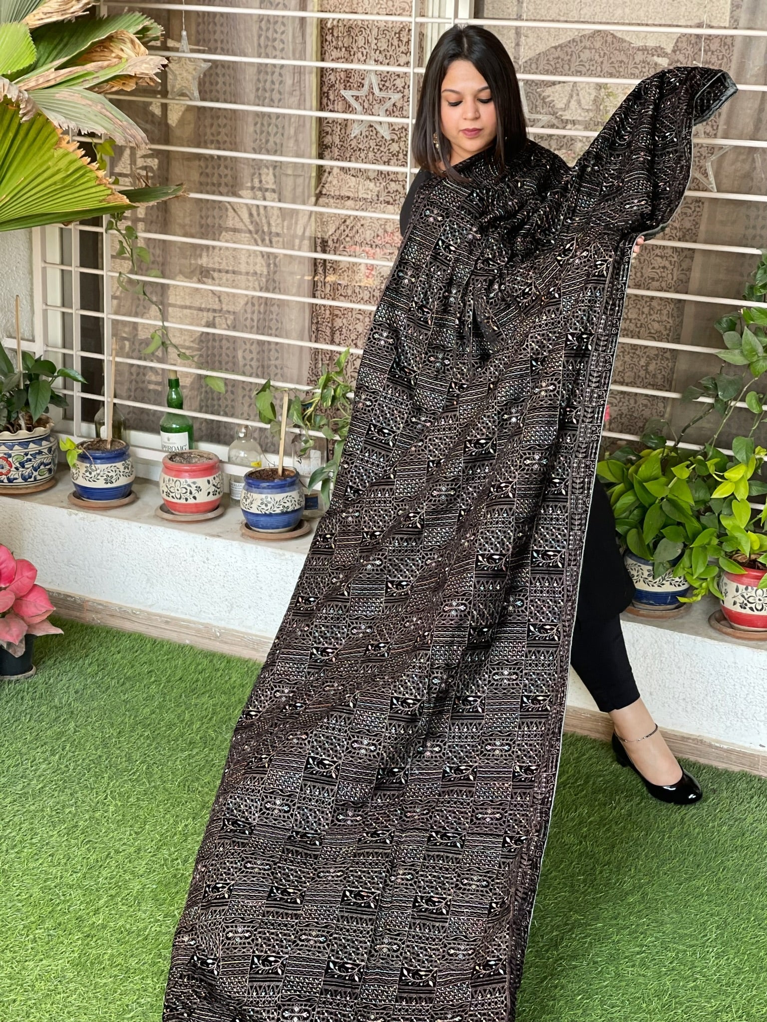 Black Velvet Dupatta with Thread Embroidery