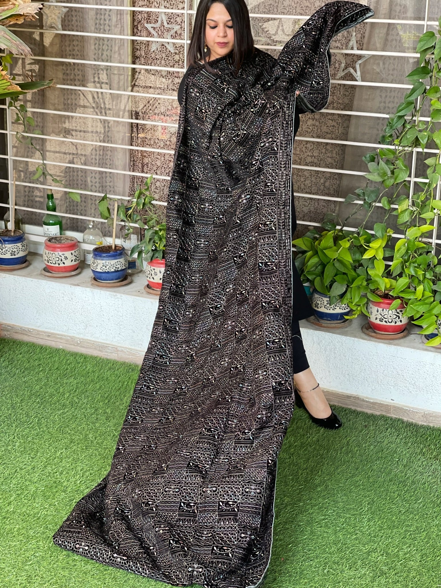 Black Velvet Dupatta with Thread Embroidery
